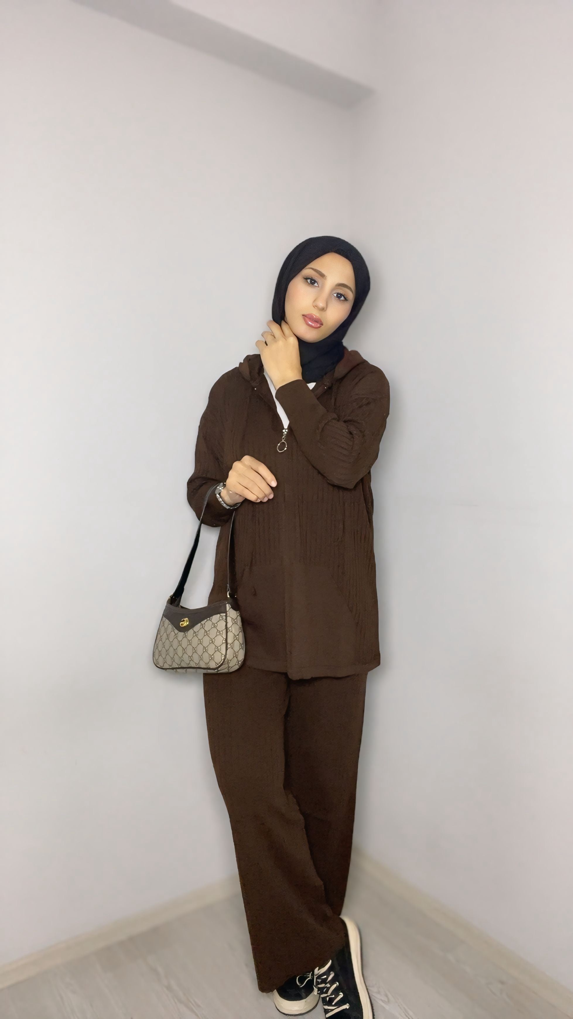 Kapüşonlu Kahverengi Tesettür Takım