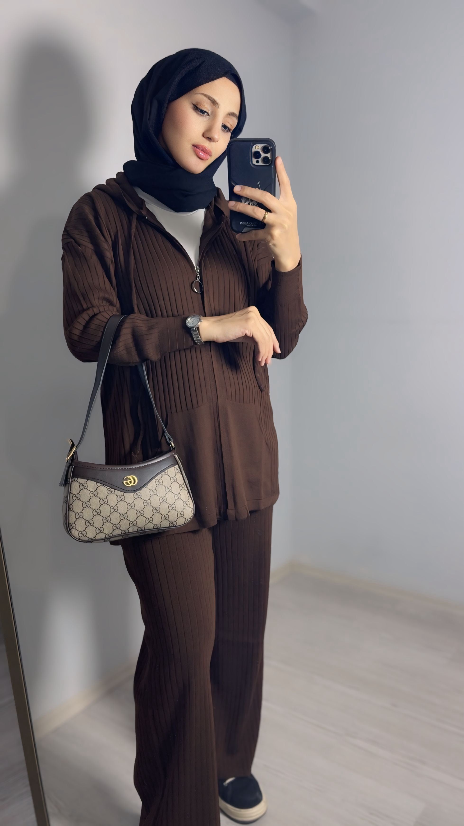 Kapüşonlu Kahverengi Tesettür Takım